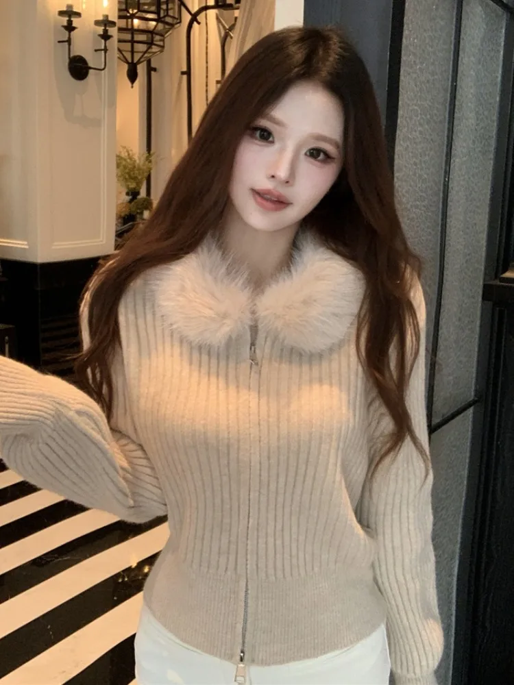 

Korean Style Slim Fit Knitted Cardigan Women's Autumn Winter Fashion Warm Soft Double Zipper Fur Collar Sweater Coat