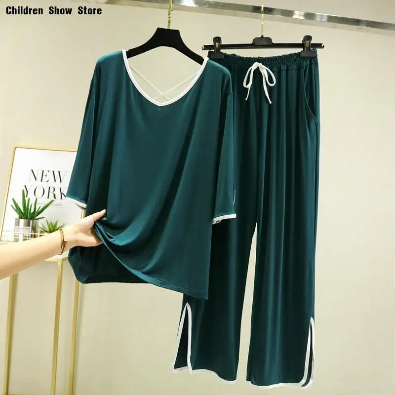 Plus Size Solid Color Summer Home Suit Loose Sleepwear Modal Sleepwear for Women Sexy Backless T-Shirt Short Sleeves Outfit