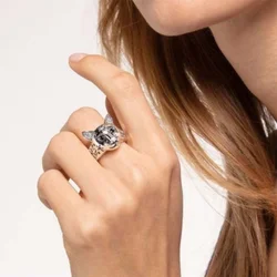 Silver Plated Cute Cat Rings for Women Crystal Zircon Carved Star Fashion Creative Finger Ring Girls Party Gift Boho