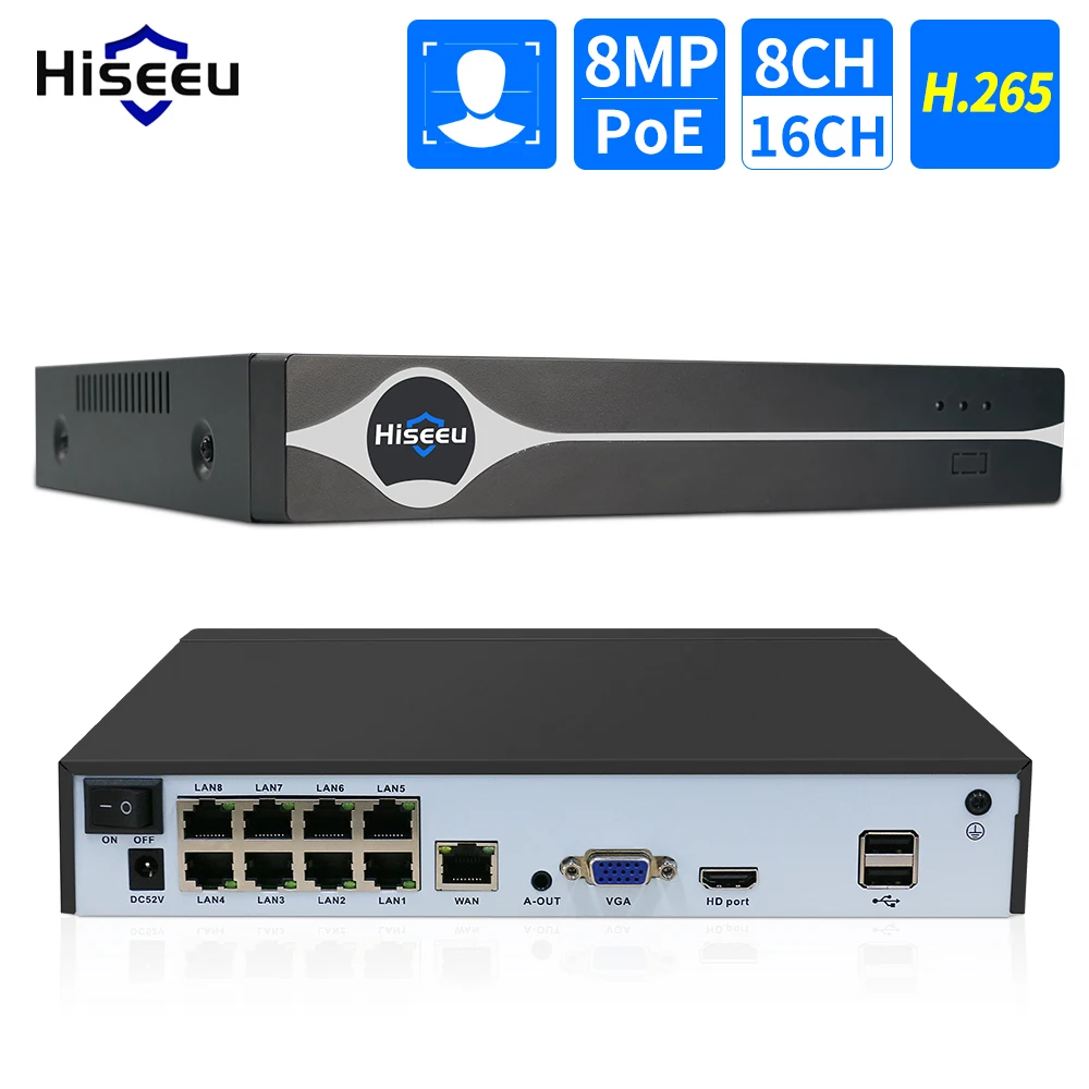 

Hiseeu 8CH 4K POE NVR H.265 Security Surveillance Video Recorder for 8MP 5MP 4MP Audio IP Camera ONVIF Face Detect CCTV System