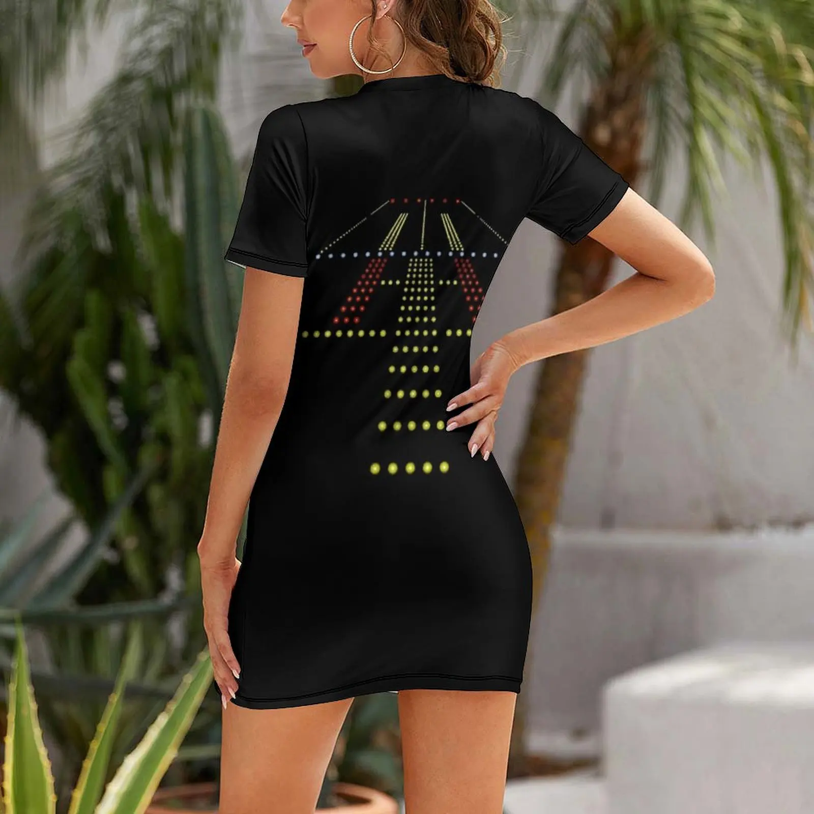 Runway Night View Aviation Airport Lights Short Sleeved Dress womens clothing summer clothes