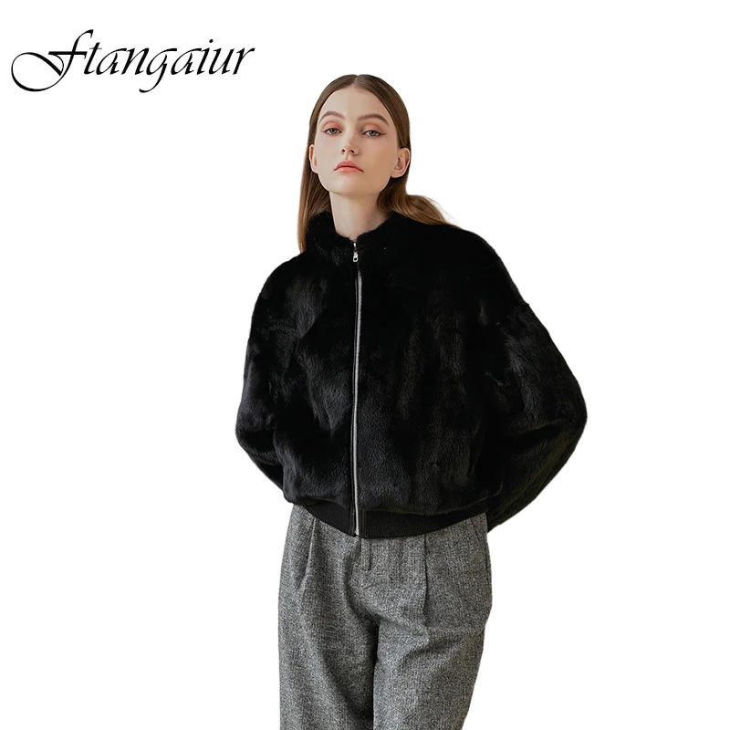 Ftangaiur Winter Copenhagen Import Swan Velvet Mink Fur Coat Turn-Down Collar Mink Coat Women Short Natural Real Mink Fur Coats