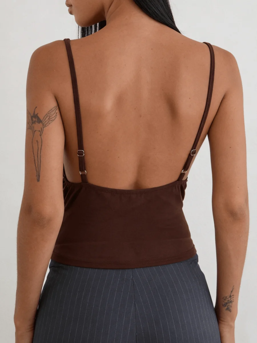 

Brown Open Back Spaghetti Strap Tank Top Slim Fit Solid Cami For Party Club Streetwear Summer