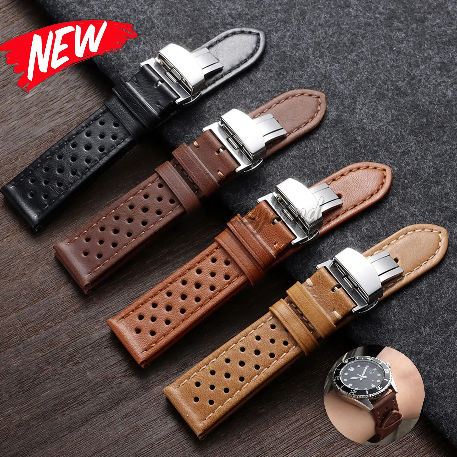 Universal Matte Leather Watch Band Sport Business Bracelet Strap 18mm 20mm 22mm Brown Black Handmade Stitching Cowhide for Omega