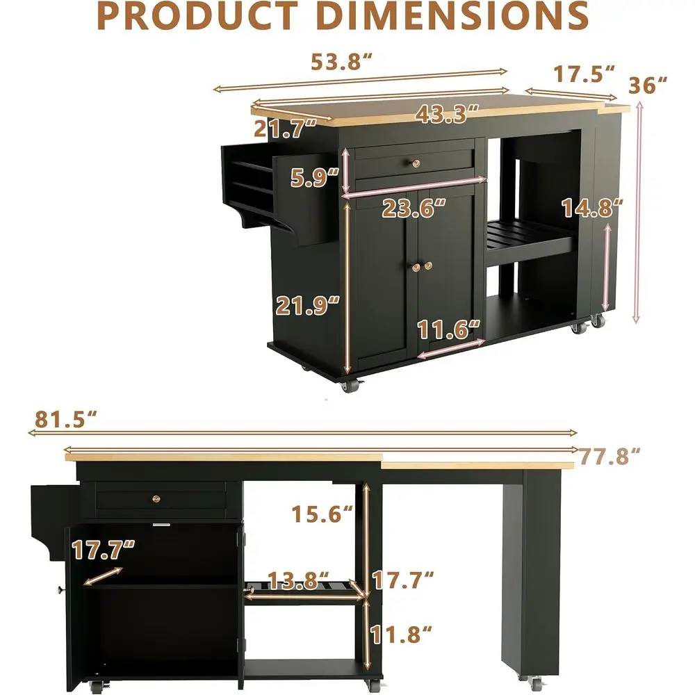 جزيرة المطبخ المتدحرجة مع طاولة قابلة للتمديد، رف توابل، درج وخزانة، أسود #2