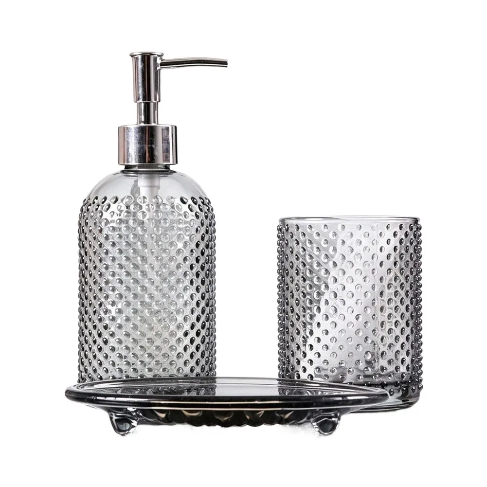 Black Glass Bathroom Set 3 Piece for Dispenser Dish and For Tumbler Holder 26.8 22.8 10.2cm Size Specification