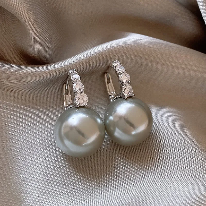 Autumn And Winter Vintage Light Luxury Zircon Grey Pearl Earrings For Women Fashion Elegant Crystal Jewelry Party Gifts