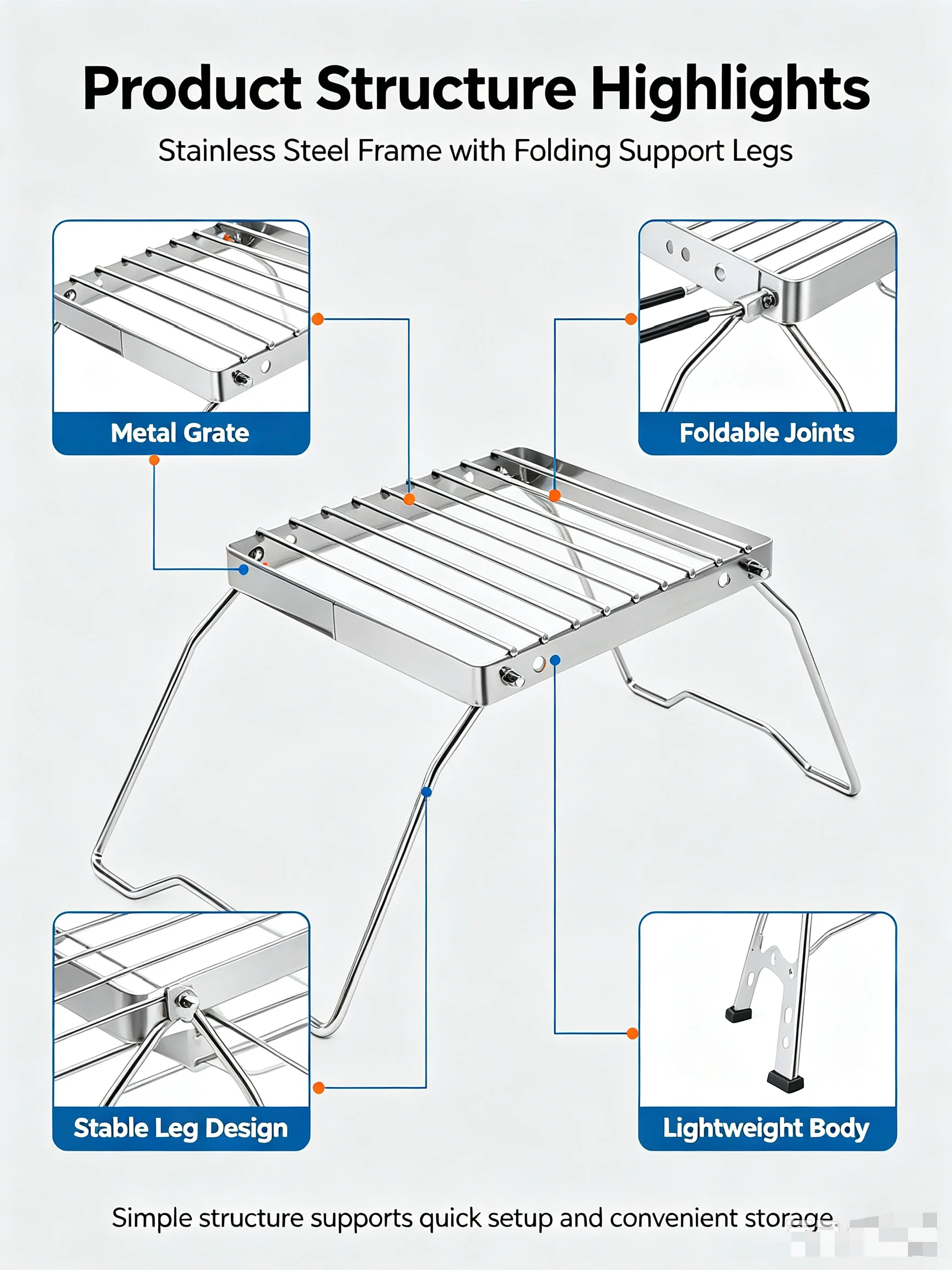 Tragbarer, zusammenklappbarer Campinggrillständer aus Edelstahl für Gasgrills, Holzkohlegrills und zum Zubereiten von Tee, für den Innen- und Außenbereich. – Detail 4