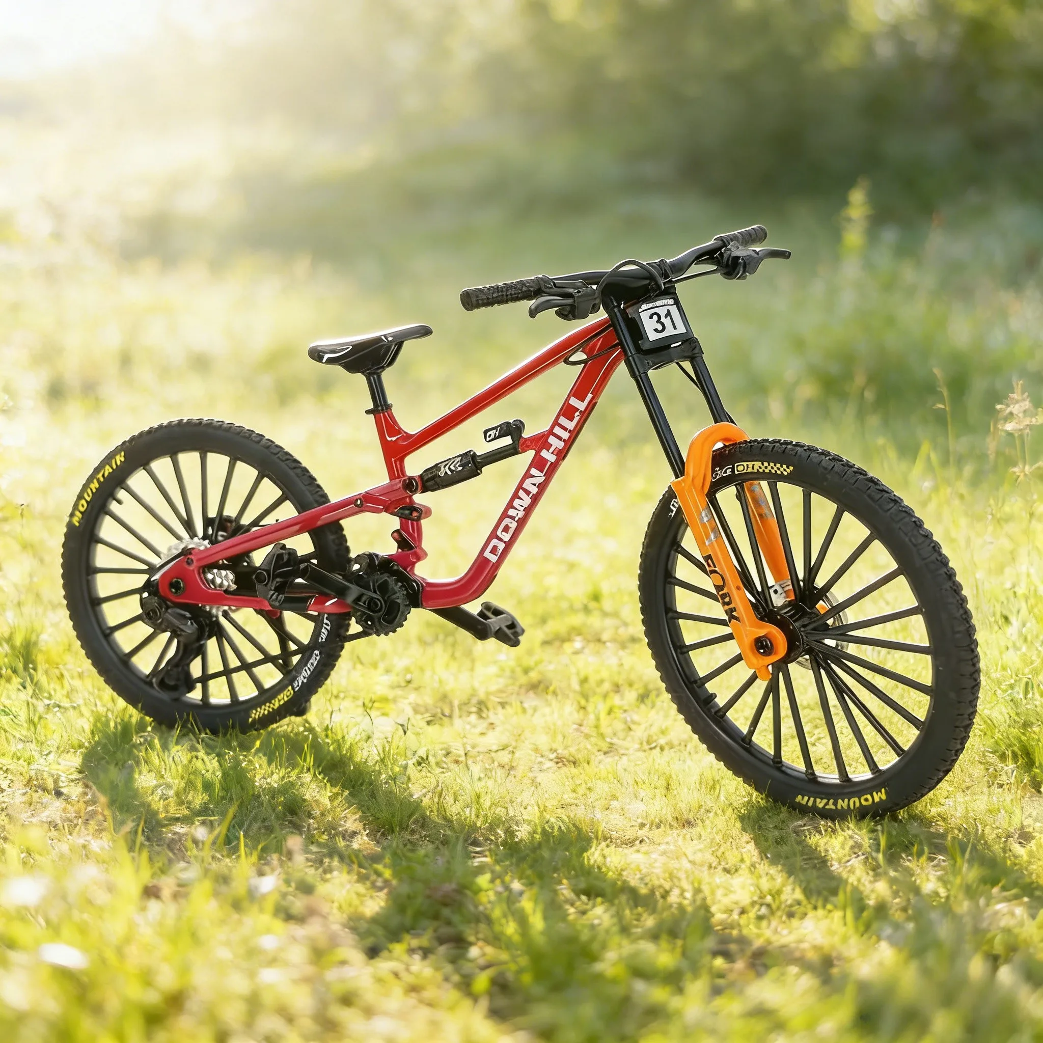 Bicicleta de Montaña de Juguete V10 con Doble Amortiguador de Simulación, Aleación, Cola Blanda, Modelo Coleccionable a Escala
