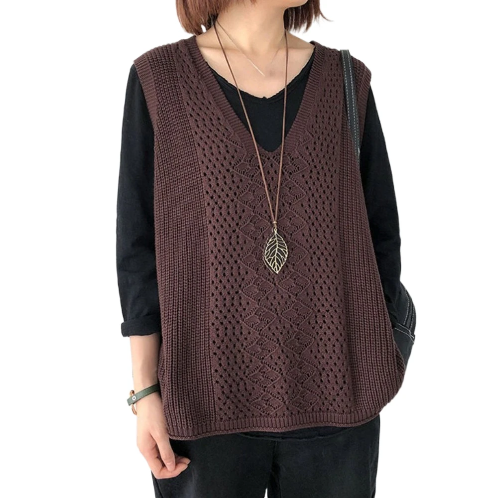 

Breathable Loose Sleeveless Knitted Vest V-Neck Pullover Hollow Out Waistcoat Tanks Casual Crochet Crop Tops Women