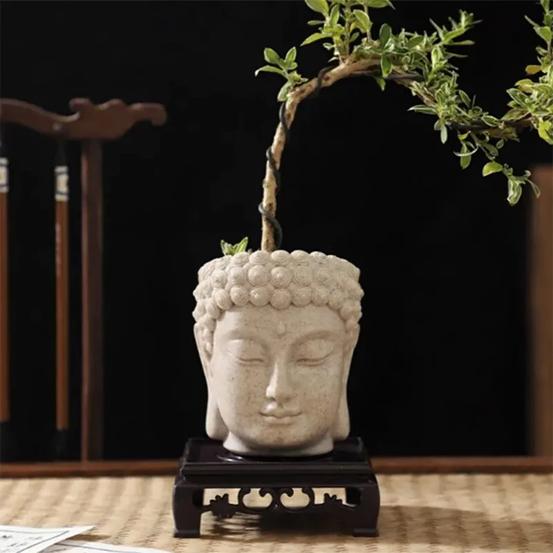 Zen Buddha Head Planter Faux Stone Succulent Pot For Indoor Outdoor Plants Minimalist Resin Material Garden Decor For Home Patio
