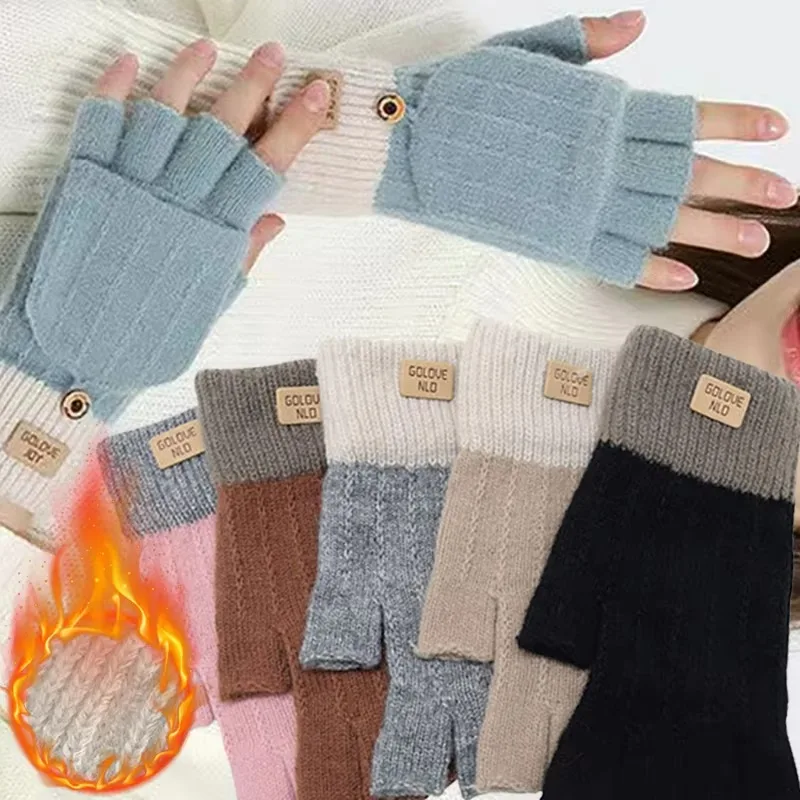 Thick Wool Winter Fingerless Gloves for Women Half Finger Writting Knitted Warm Label Thick Elastic Outdoor Driving Gloves