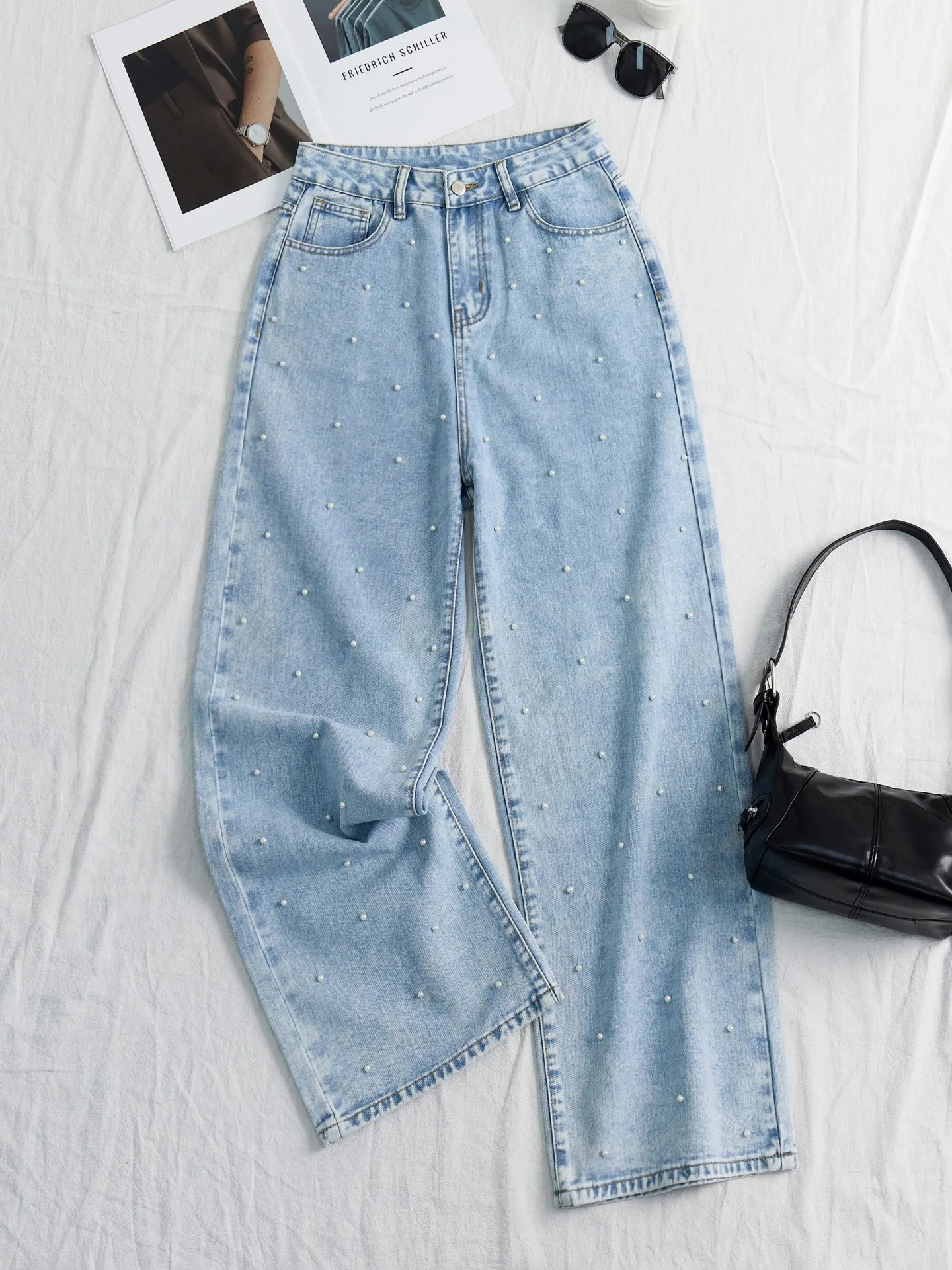 

American Fashion Beading Jeans For Women Elegant Sweet High Waist Blue Denim Pants High Street Washed Straight Leg Trousers