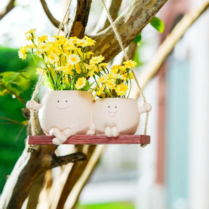Cute Couple Swing Planter with Smiley Face,Couple Planter,Hanging Swing face Pot,Hanging Plant Pot for Indoor Outdoor Plants