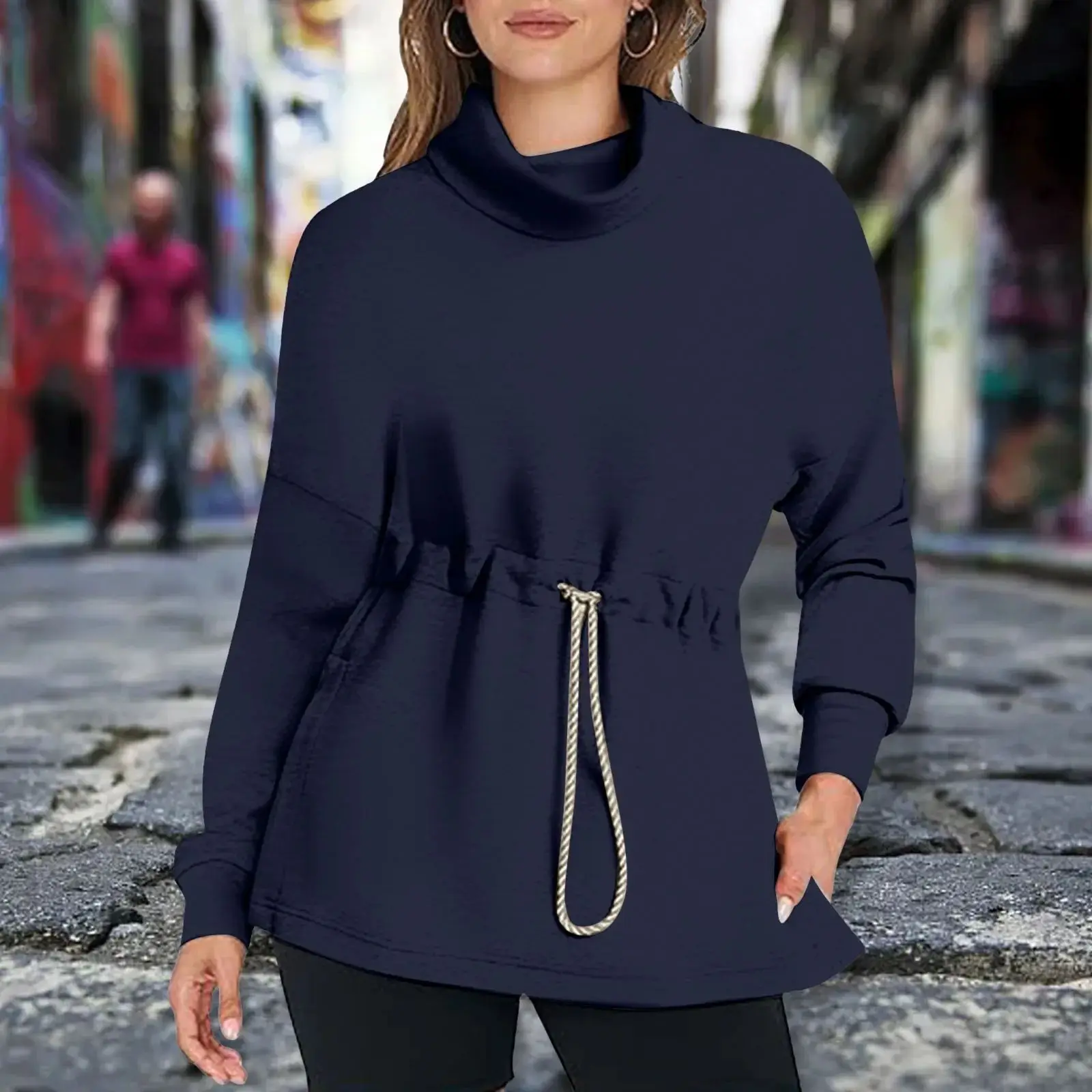 Damen-Sweatshirt mit Dstring-Taille, Herbst und Winter, hoch, modisch, bequem, lässig, für Damen