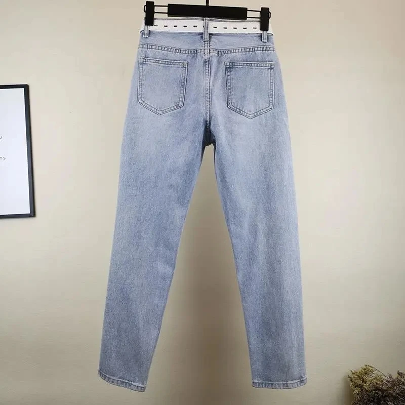 Heavy industry Nail bead ripped Jeans Women's Street wear 2026 Summer New Korean version Loose High waisted Casual Denim Pants