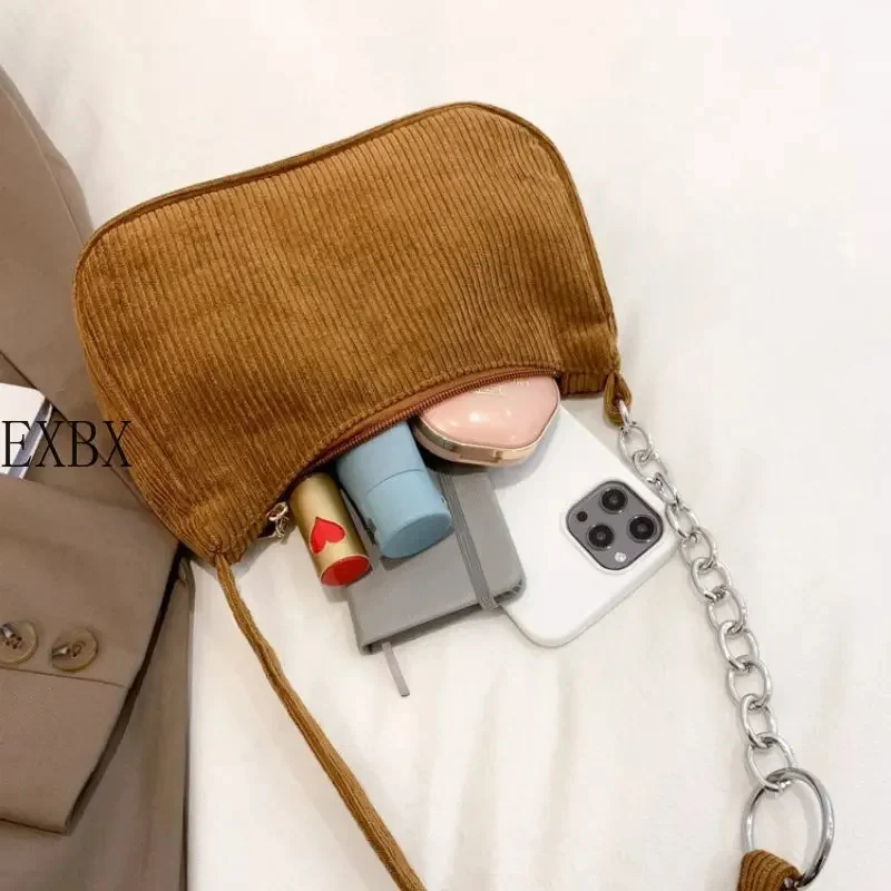 Fashion Vintage Corduroy Women Handbags Underarm Bag Casual Shoulder Bags Solid Color Zipper Female Handbag Clutch Chain Bag