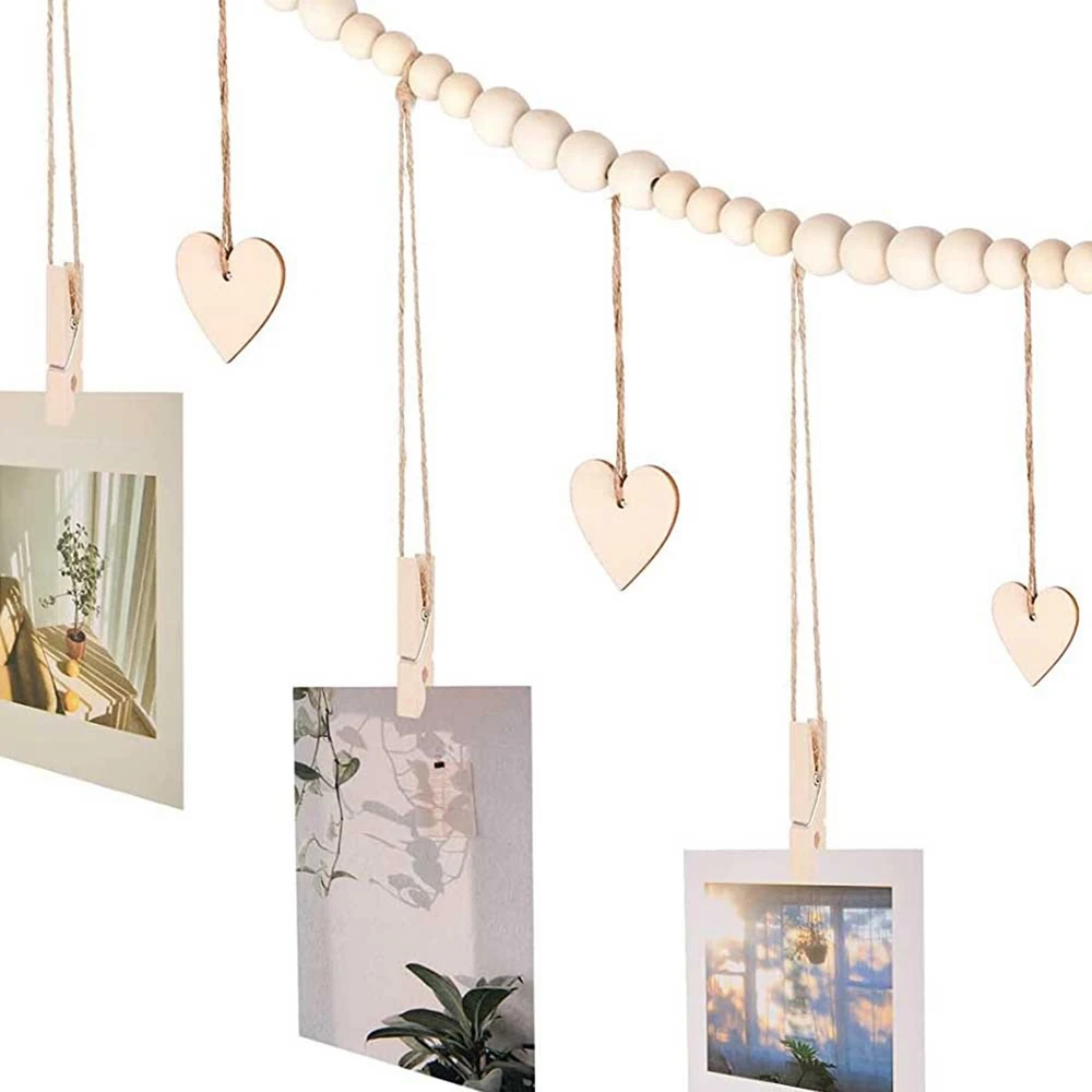 Wall Hanging Photo Display with Wooden Beads Garland Boho Christmas Picture Card Frame for Home Decor Living Room Bedroom 138cm