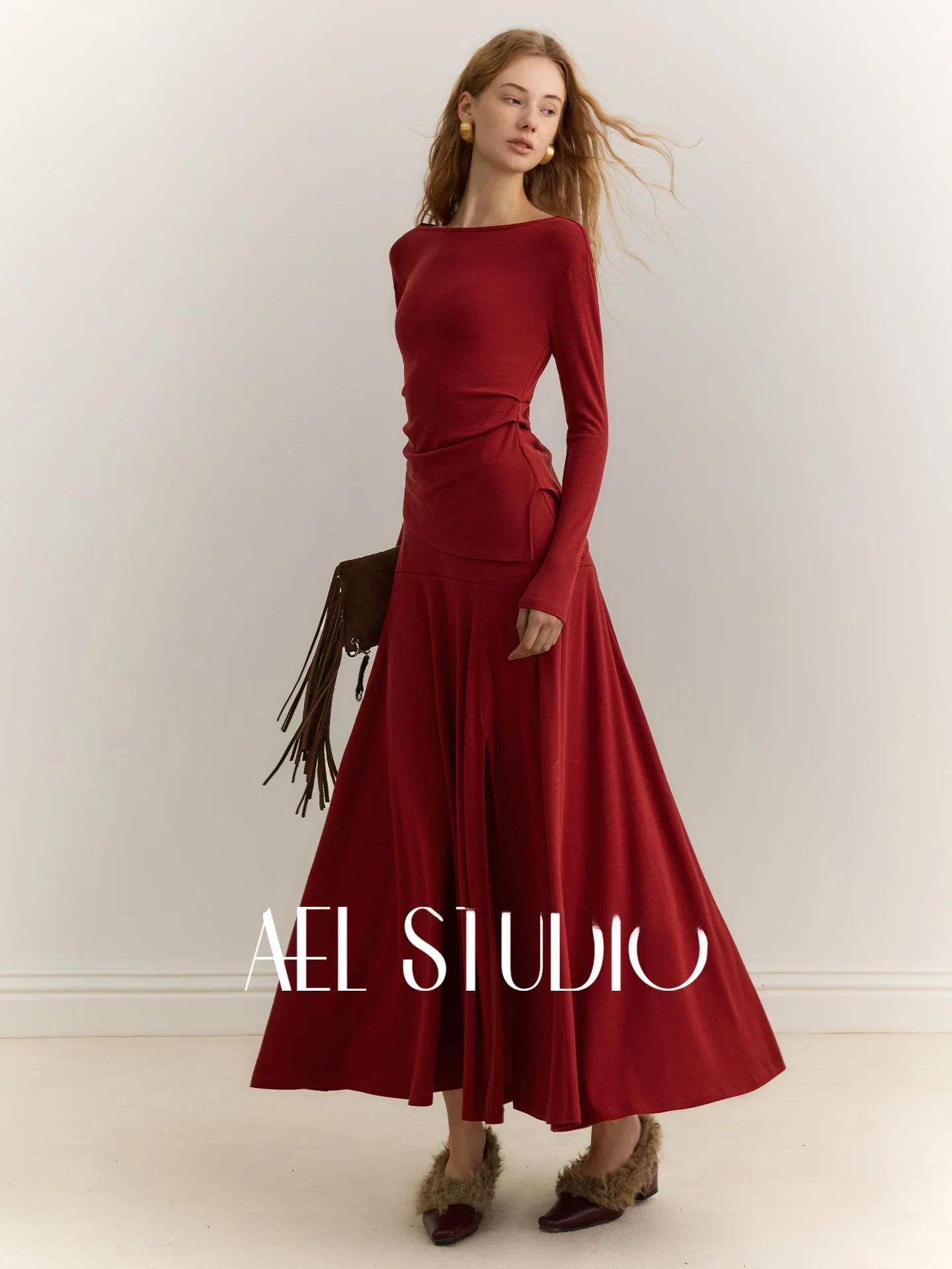 

AEL Original Silk Wool Red One-oulder Slim Fit T-irt Women's 2026 Autumn Winter f Skirt Maidsuit French Sle Knitted ...