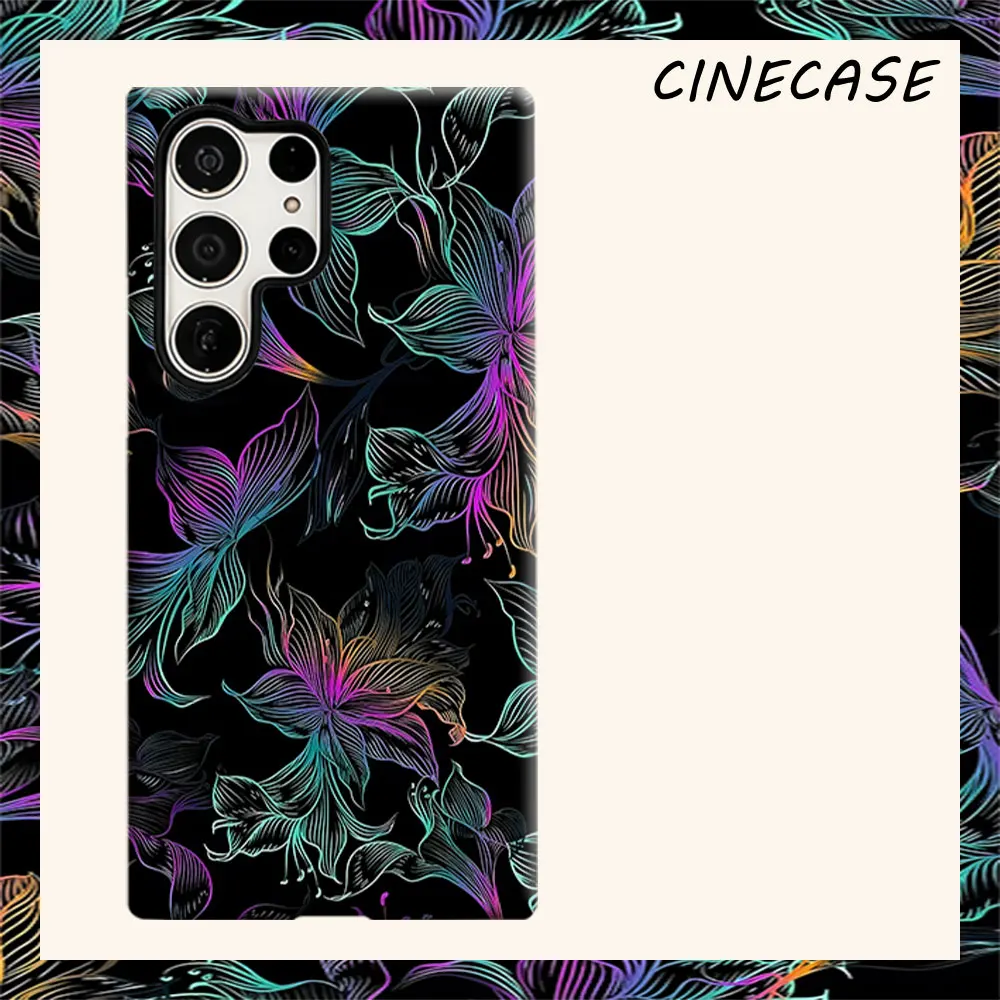 neon rainbow lily line art For Samsung Galaxy S26 S25 S24 A56 A36 Dual Layer Luxury Fashion Full Lens Protective Case