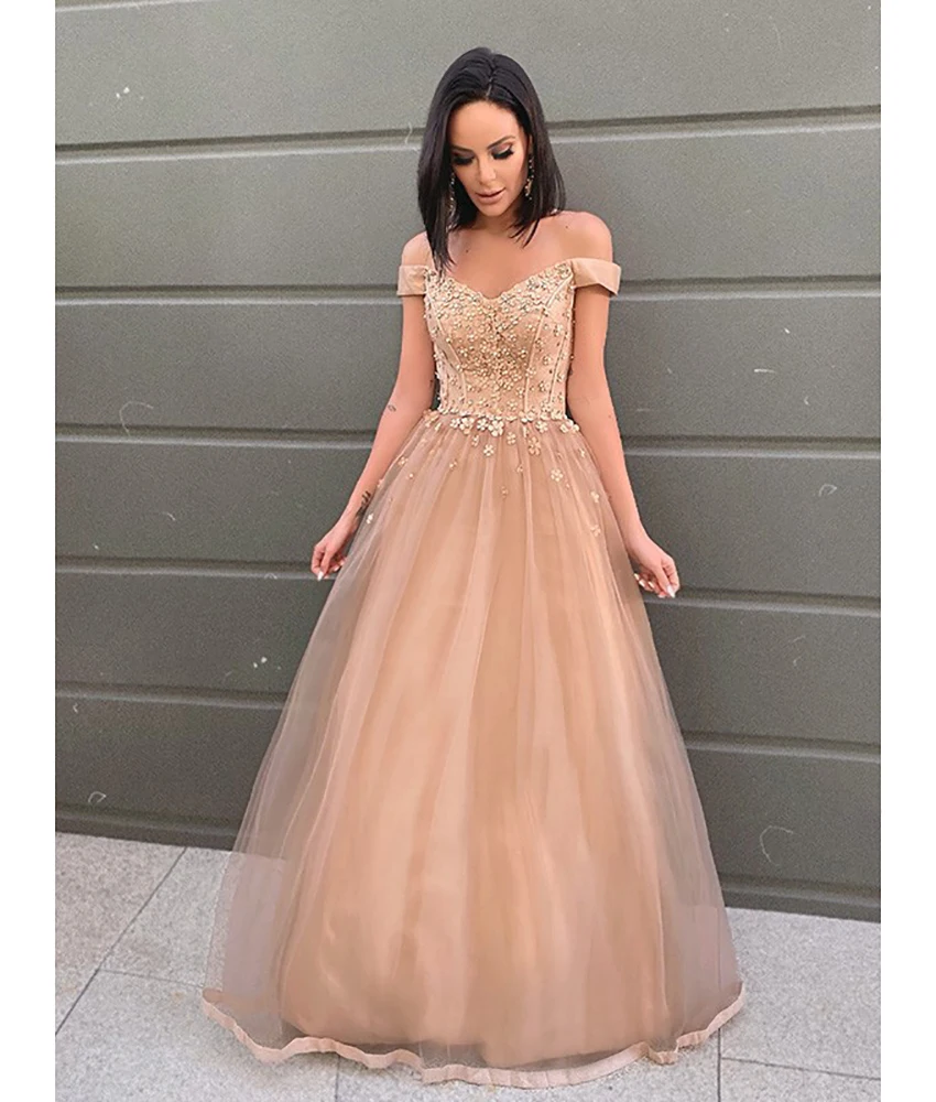 

Customized Sexy Organza A-Line Off the Shoulder 3D Flowers Pearls Evening Dress High Quality V-Neck فساتين سهرة