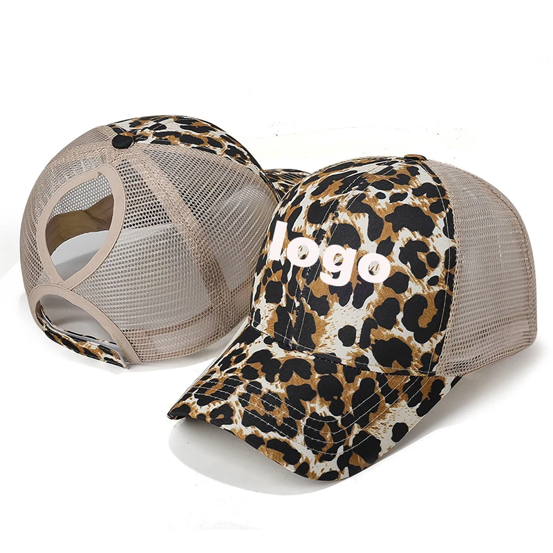 Customizable Leopard Print Criss Cross Ponytail Hat Mesh Trucker Baseball Cap Adjustable High Bun Sun‑Shade Peaked Cap for Women