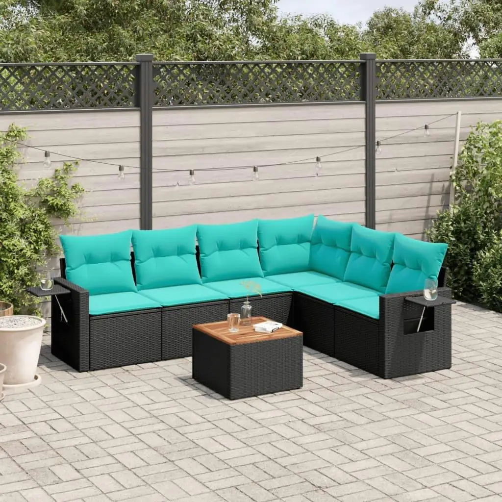 

7 Piece Outdoor Patio Sofa Set with Cushions Black Rattan Garden Furniture