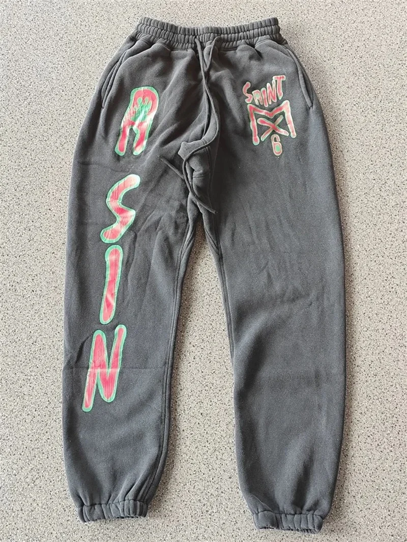 25ss SAINT MICHAEL Jogger Sweat Pants Pure Cotton Logo Printing Oversized Washed Black Pants Tracksuit Set