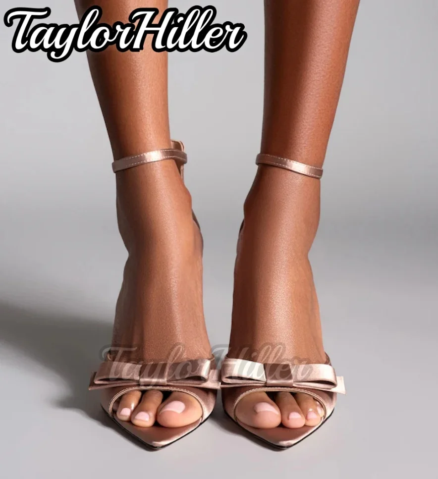 Gentle Pink Butterfly-knot High Heels Satin Pointy Toe Shallow Heeled Sandals Women Buckle Strap Spring Summer Shoes 2026 New view 2