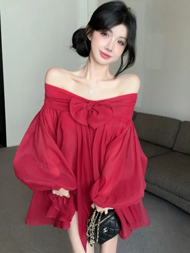 

Sweet Knot Design Loose One Shoulder Double Layer Puffy Dress Women's Autumn Winter Small Size Short Skirt