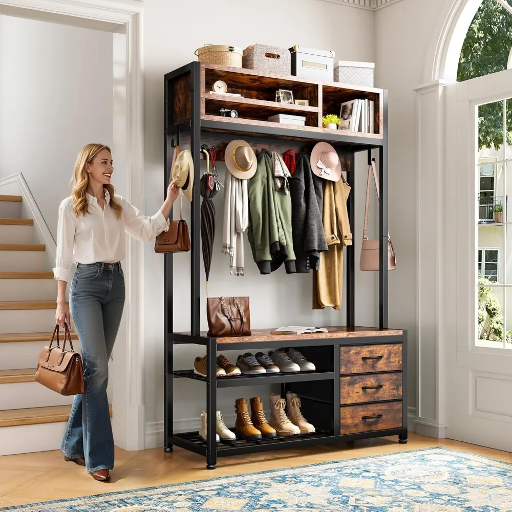 خزانة ملابس مع منصة تخزين للأحذية والمقعد، وشماعة ملابس مستقلة مع 3 أدراج قماش، ومنصة تخزين الأحذية