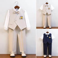 Boys Gentleman Formal Suit Vest Shirt Pants with Bow for Kids Wedding Birthday Party Holiday Performance Elegant Costume Outfit