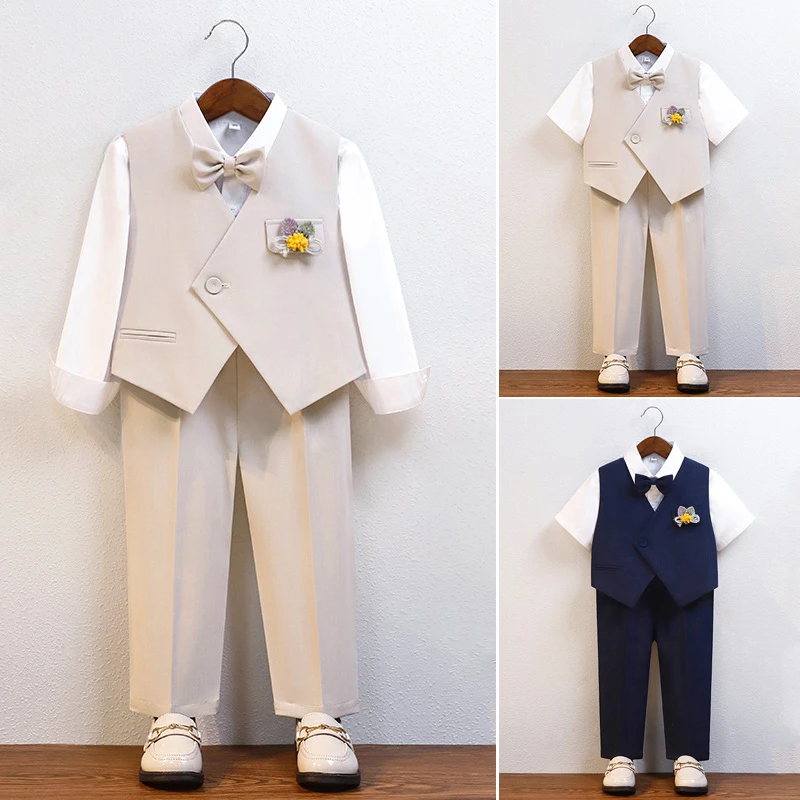 Boys Gentleman Formal Suit Vest Shirt Pants with Bow for Kids Wedding Birthday Party Holiday Performance Elegant Costume Outfit