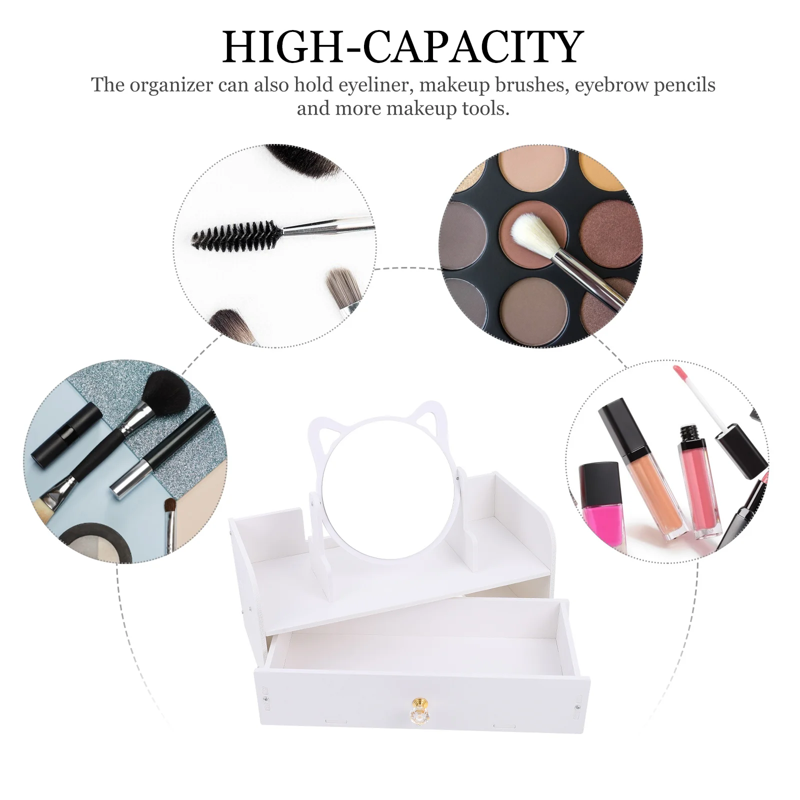 

Multifunctional Makeup Mirror Desktop Storage Box Large Capacity Stable Base Durable Makeup Vanity Mirror for Bedroom Dresser