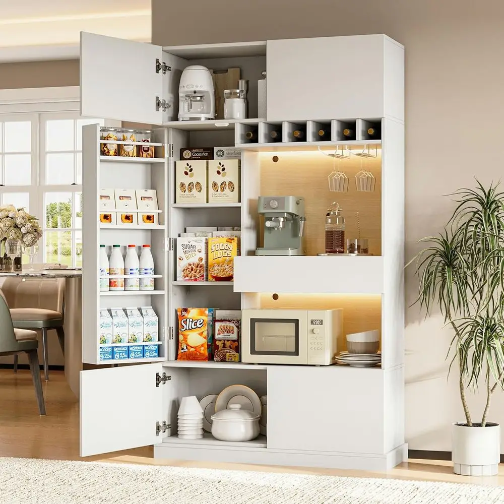 

69 Tall White Kitchen Pantry Cabinet with LED Lights, Microwave Stand, Wine Rack, and Adjustable Shelves