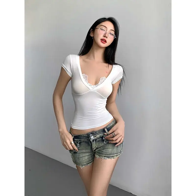 Y2k Clothes 2000s Elegant Off-Shoulder Lace Patchwork Kawaii Tees Girly Short-Sleeve T-Shirt for Women Summer Slim Top Trendy