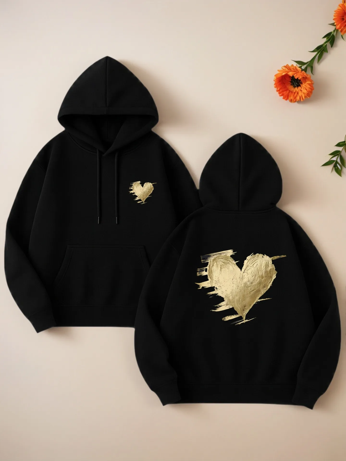 Grafik-Hoodie mit Herz-Print, ästhetisches Design, mit Fleece gefüttert, lässige Alltagskleidung, für junge Männer und Frauen