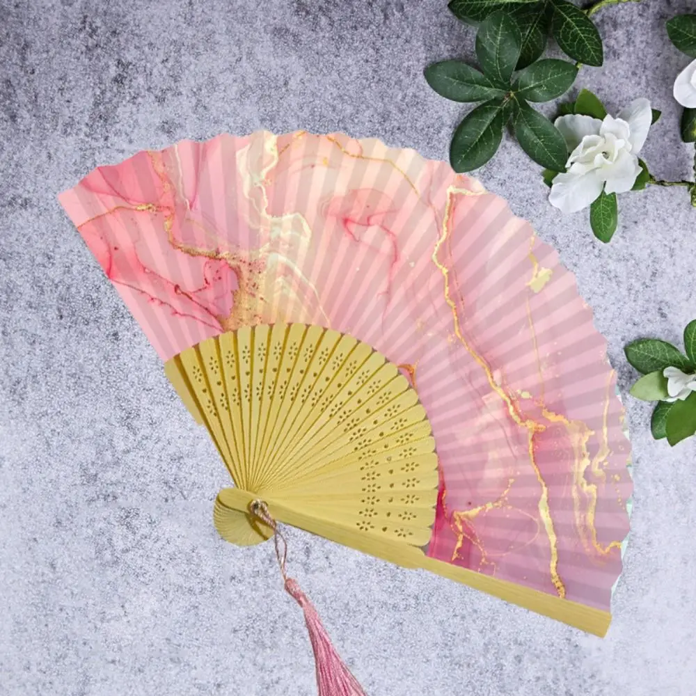 

Colorful Tassel Bamboo Folding Fan Elegant Gilding Antiquity Folding Fans Traditional Handmade Craft Xuan Paper Fan