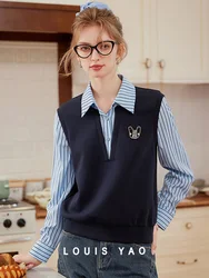 LOUIS YAO 2025 Spring Collection College Style Fake Two Piece Collar Clash Striped Design Long Sleeve Women's Hoodie