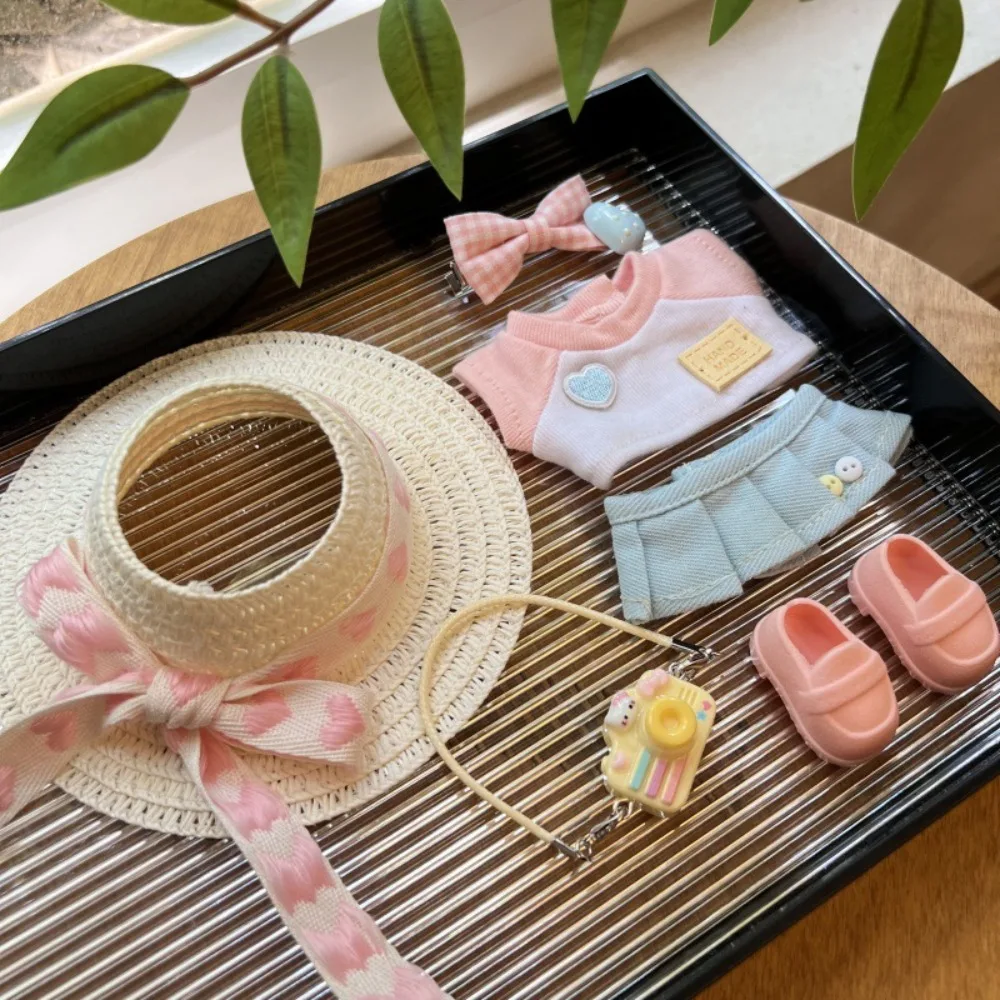 For 17cm Labubu Doll Clothes Mini Doll Outfit Straw Hat T-shirt Skirt Doll Accessories Sitting Party Changing Dress Game DIY Toy