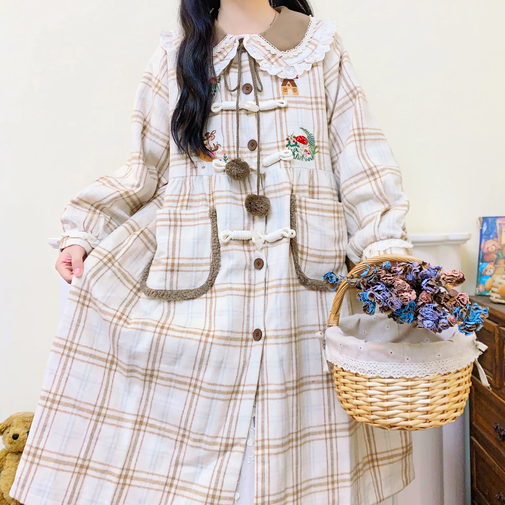 Vintage Tartan Embroidery Wool Blends Long Coat for Women Cottagecore Goblincore Sweet Lolita Mori Girl Winter Kawaii Cute Coat