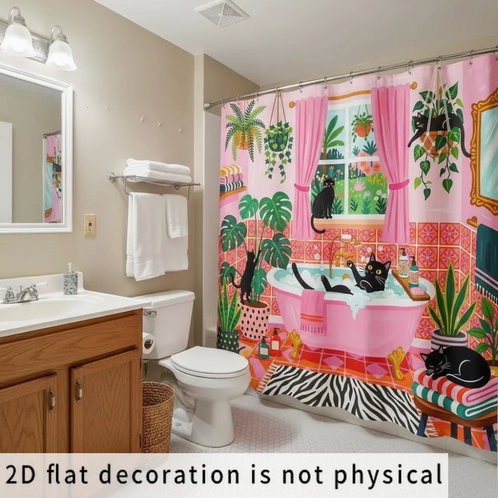 Whimsical Cat and Plant Pattern Shower Curtain Waterproof Bathroom Decor Liner Cute Tropical Kitty Shower Screen for Kids view 3
