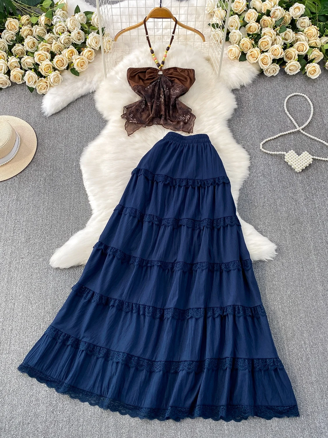 

Ele Beaded Nelace Strap Women's Top Lace Patchwork Summer Outfit Two-Piece Set High Waist Skirt V-Ne Svel