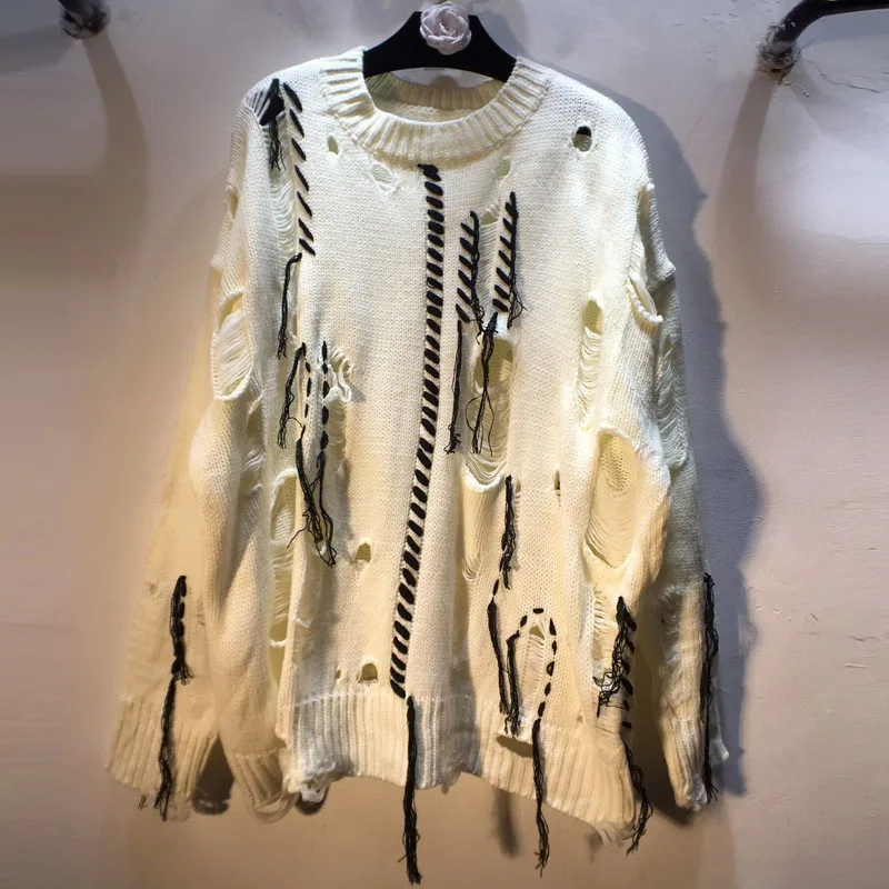 

Европейский стиль, осень 2023, новый стиль, матовый рваный свитер ручной работы, свободный утягивающий вязаный свитер с круглым вырезом и длинными рукавами