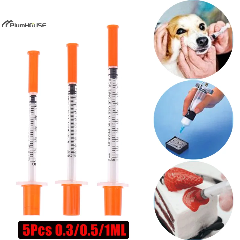 5Pcs 1/0.5/0.3ML Disposable Plastic Veterinary Syringe Orange Cap Sterile Insulin Syringe w/ Needles For Pet Farm Animal Cat Dog