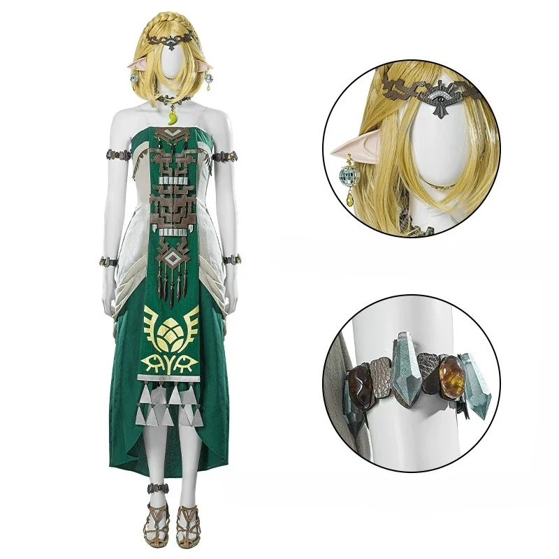 Zelda Green Princess  Dress TotK Kingdom LoZ Tears Cosplay Costume Full Set for Women Halloween Comic Con Role Play Anime Outfit view 4