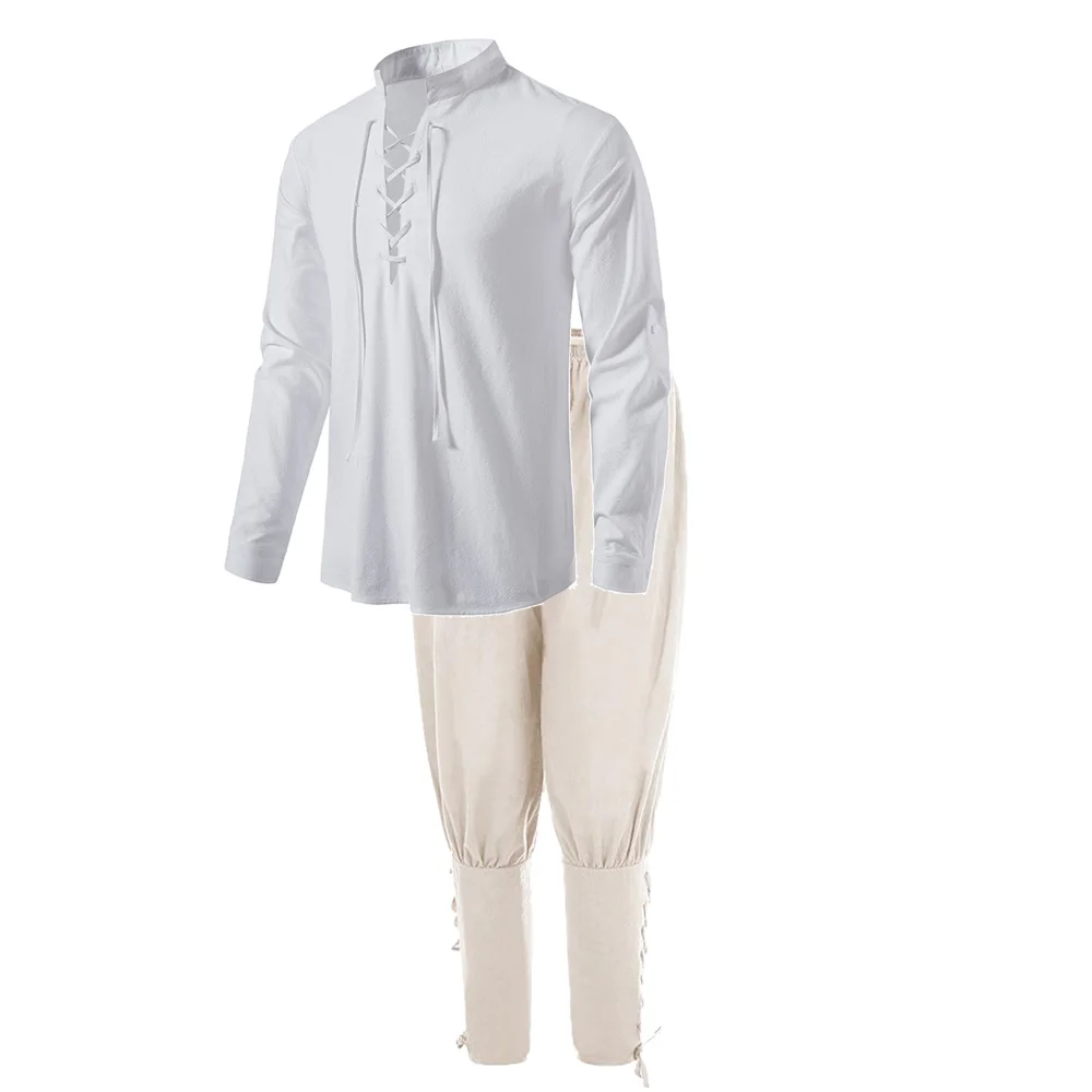 2-teiliges mittelalterliches Ritter-Kostüm-Set für Herren, Renaissance-Cosplay-Piratenhemden, Knöchelband-Hosen für Halloween, Baumwoll-Leinen-Stoff