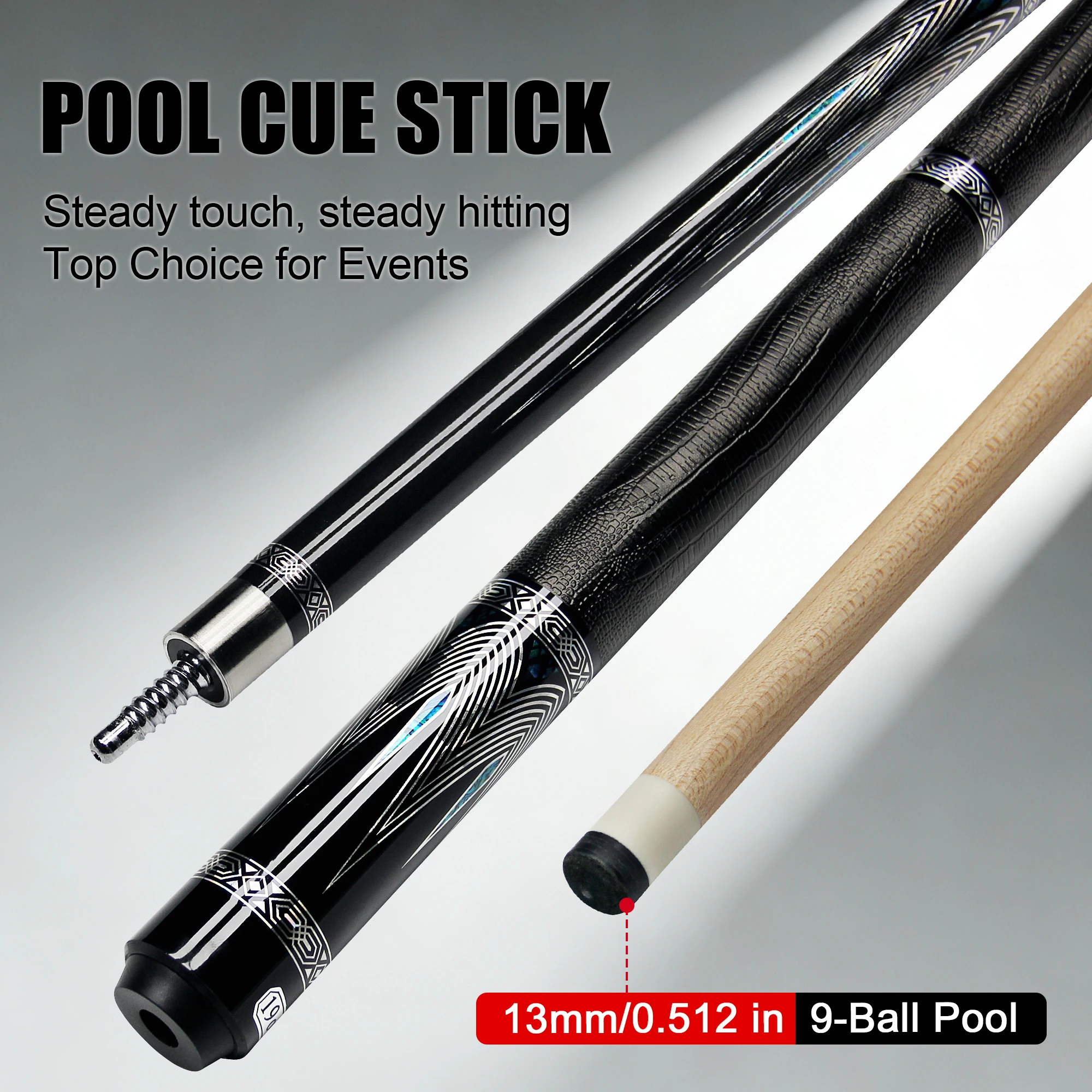 13mm Pool Cue Stick Imported Maple Wood Stainless Steel Joint Multi-Layer Tip Stable Powerful Accurate for 9-Ball Events