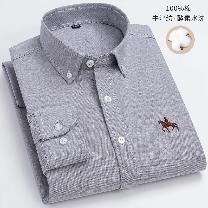 2023 100% Cotton Oxford Man Leisure Embroidered Horse Shirts Streetwear Oversized Men Shirt Floral Long Sleeve Casual Plus Size
