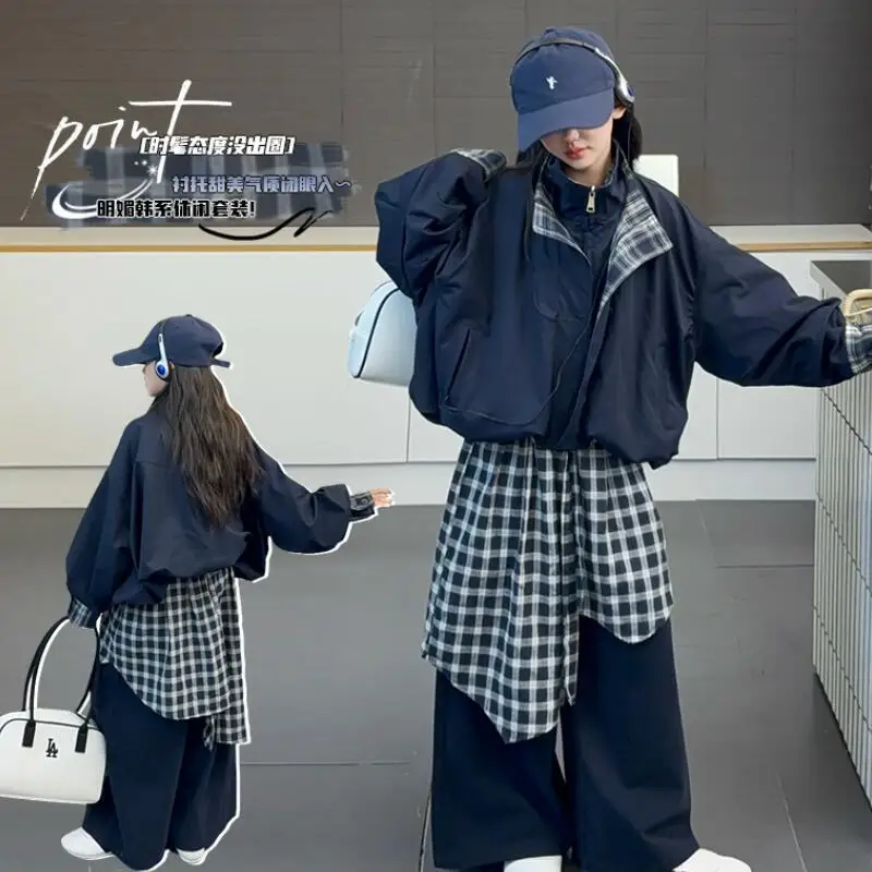 

Kawaii Girl Coat Pants Set Student Spring and Autumn Anime Casual Zipper Jacket Wide-Leg Pants 2-Piece Set Children's Clothing